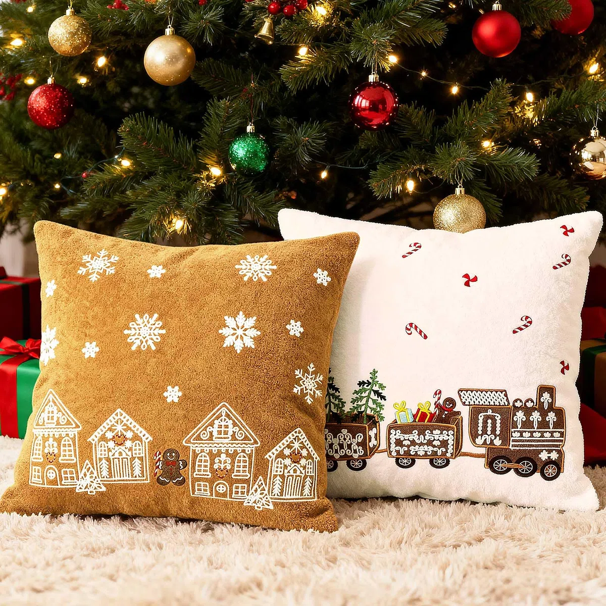 Lanpn Juego de 2 Fundas Cojin Navidad 45x45 cm, Funda Cojines Decorativos Navideños de Hombre de Jengibre Fundas de Almohada Navideñas Decoración Hogar Navidena para Sofá Cama (Beige & Marrón)