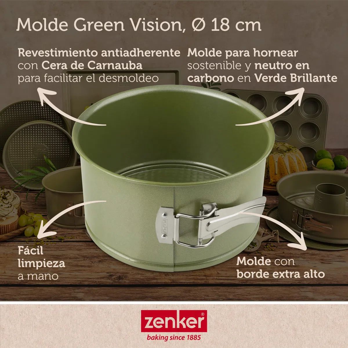 Zenker 7458 Molde de panettone con bisagras, molde verde sostenible antiadherente, ILAG, cera de carnauba, 18 cm