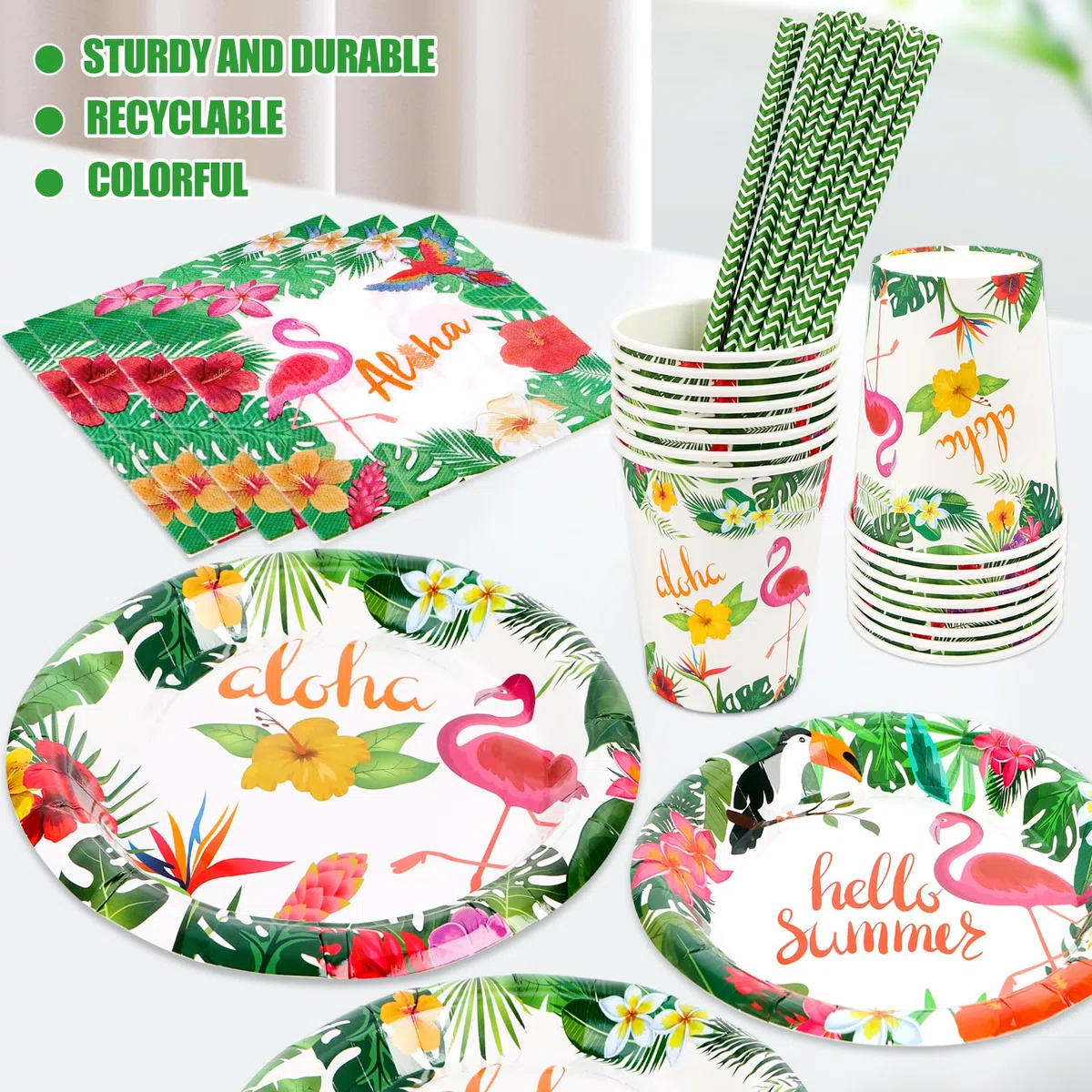 Aloha - Juego de 81 vajilla de fiesta hawaiana, decoración de cumpleaños, platos y vasos de cartón, toallas, diseño de verano, decoración para niños y niñas