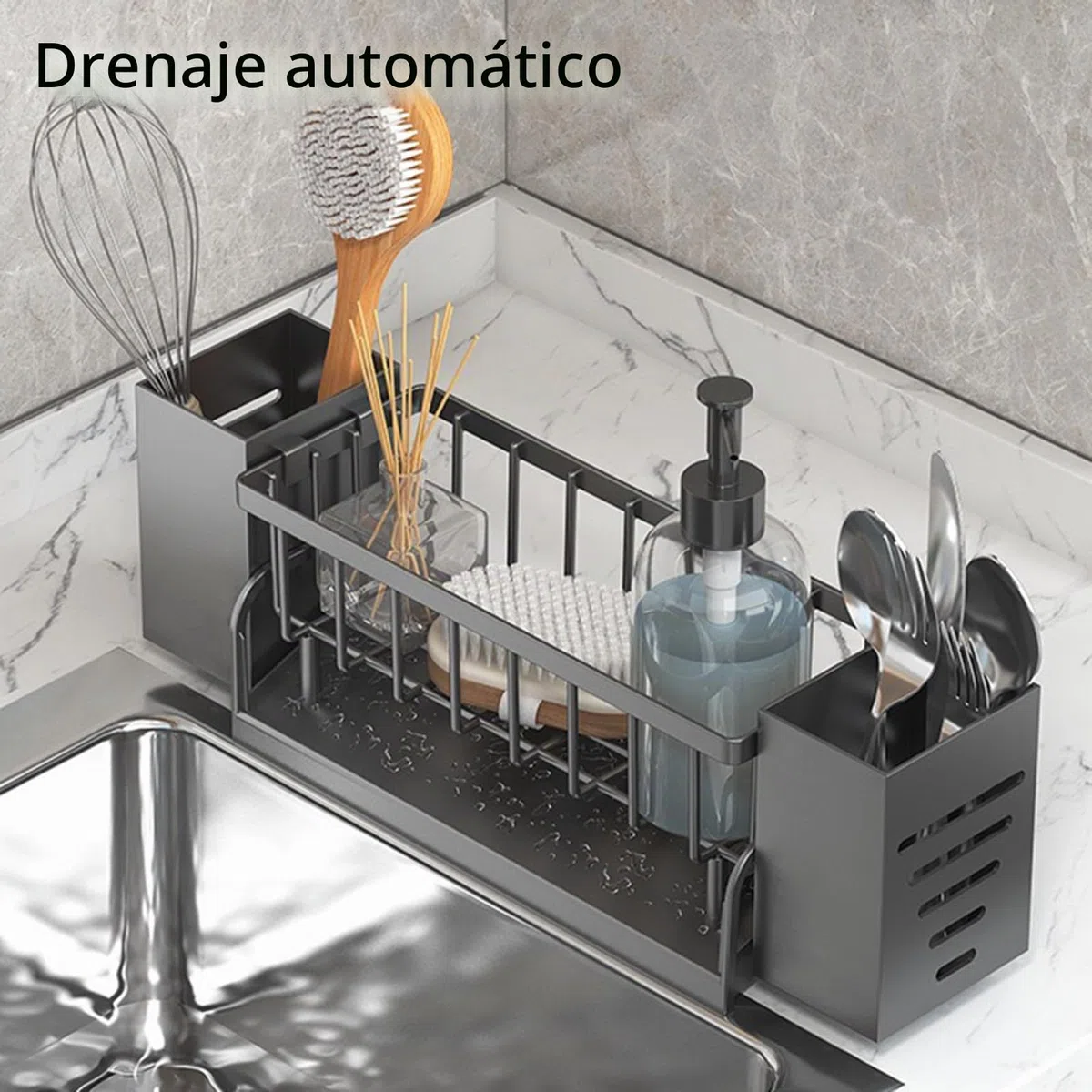 Organizador Fregadero Cocina, Organizador de Fregadero con Soporte para Trapo de Cocina & Caja de Almacenamiento, Organizador de Fregadero de Metal con Bandeja de Drenaje Automática (Negro)