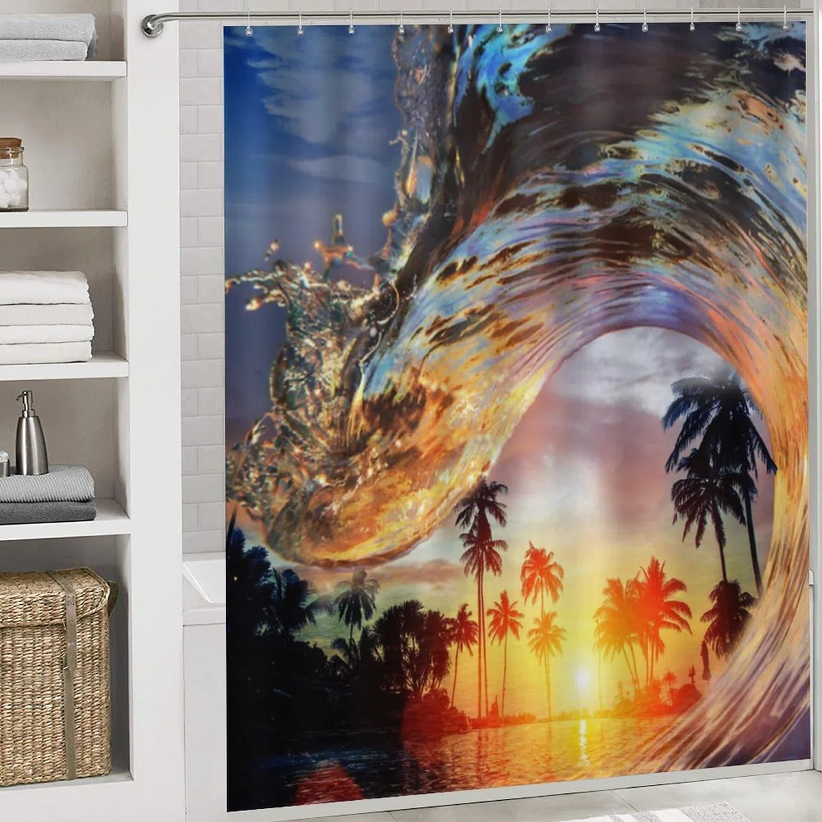 Juego de 4 cortinas de ducha impermeables con temática de surf oceánico, playa, palmeras, puesta de sol, olas con cubierta de inodoro impermeable, alfombra de ducha, 183 x 183 cm