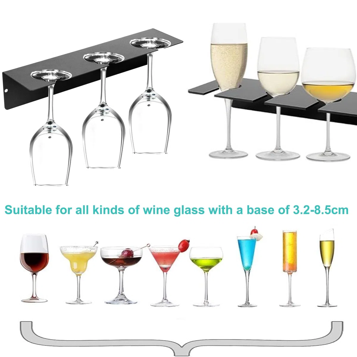 3 Piezas Soporte Para Copas de Vino Pared Soporte Copas Colgante Autoadhesivo Estante para Copas de Vino Metal Colgador de Copas Armario Cuelga Copas para Bar Cocina Restaurante (Negro)