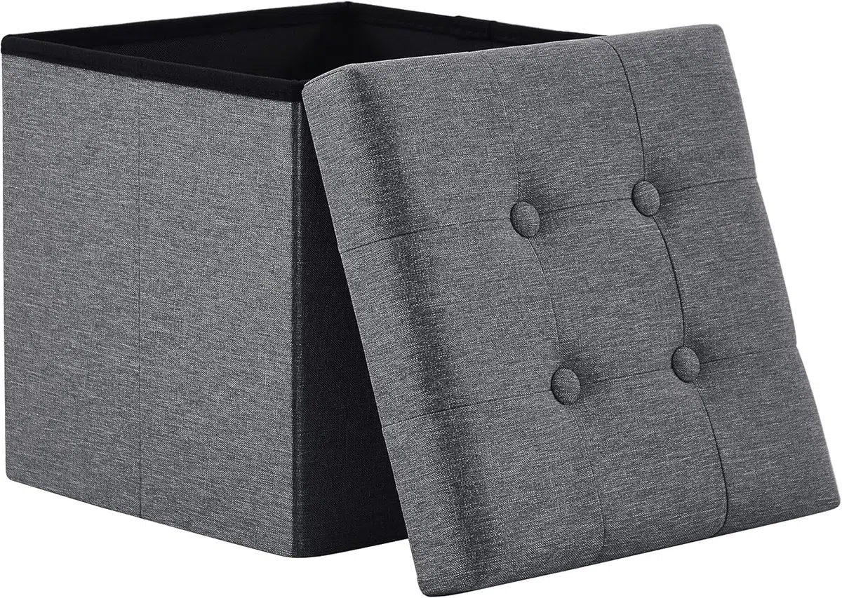 Banco con Almacenamiento, Banco Acolchado, Taburete, baúl con Capacidad de Carga de hasta 300 kg, 38 x 38 x 38 cm (Lino) (Gris Oscuro)