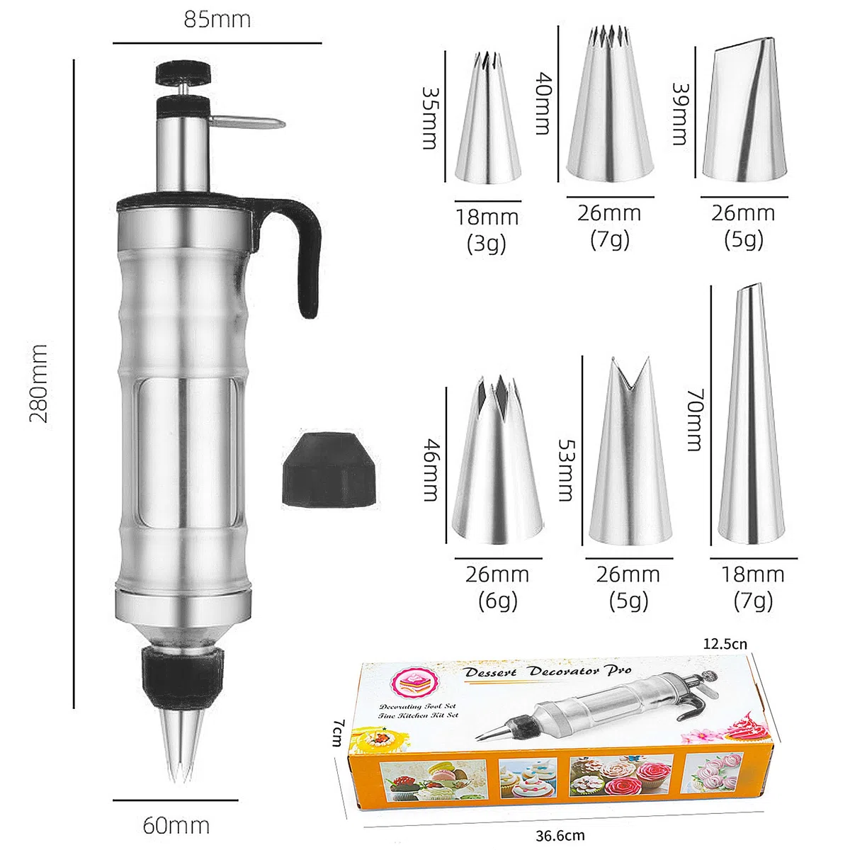 Jeringa de acero inoxidable con 6 boquillas con recipiente transparente para cupcakes y pasteles