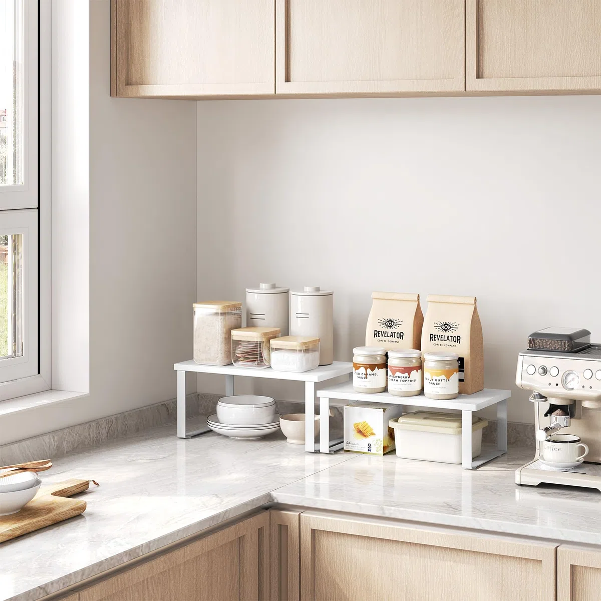 WOLTU Pack de 2 Estantes para Especias, Organizadores de Cocina Apilables, Estantes de Armario para Encimera, Baño y Tocador, 34×19,5×15,5 + 34×18,5×12,5 cm, MDF, Blanco