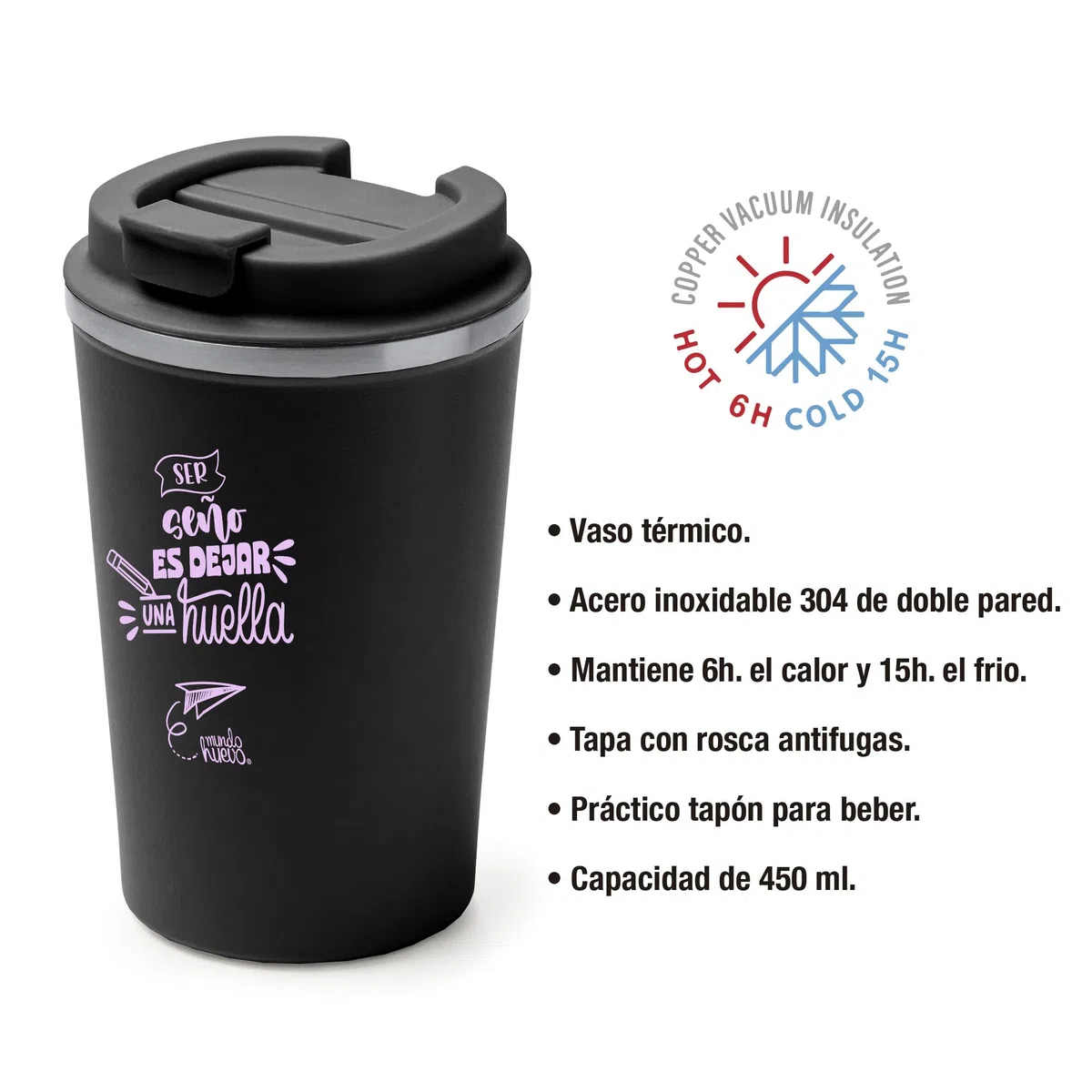 mundohuevo Regalo para Fin de Curso Vaso térmico de acero inoxidable 304 de doble pared | Con mensaje Ser Seño es dejar huella | Dia del Profesor| Capacidad 450 ml | Tapa con rosca antifugas