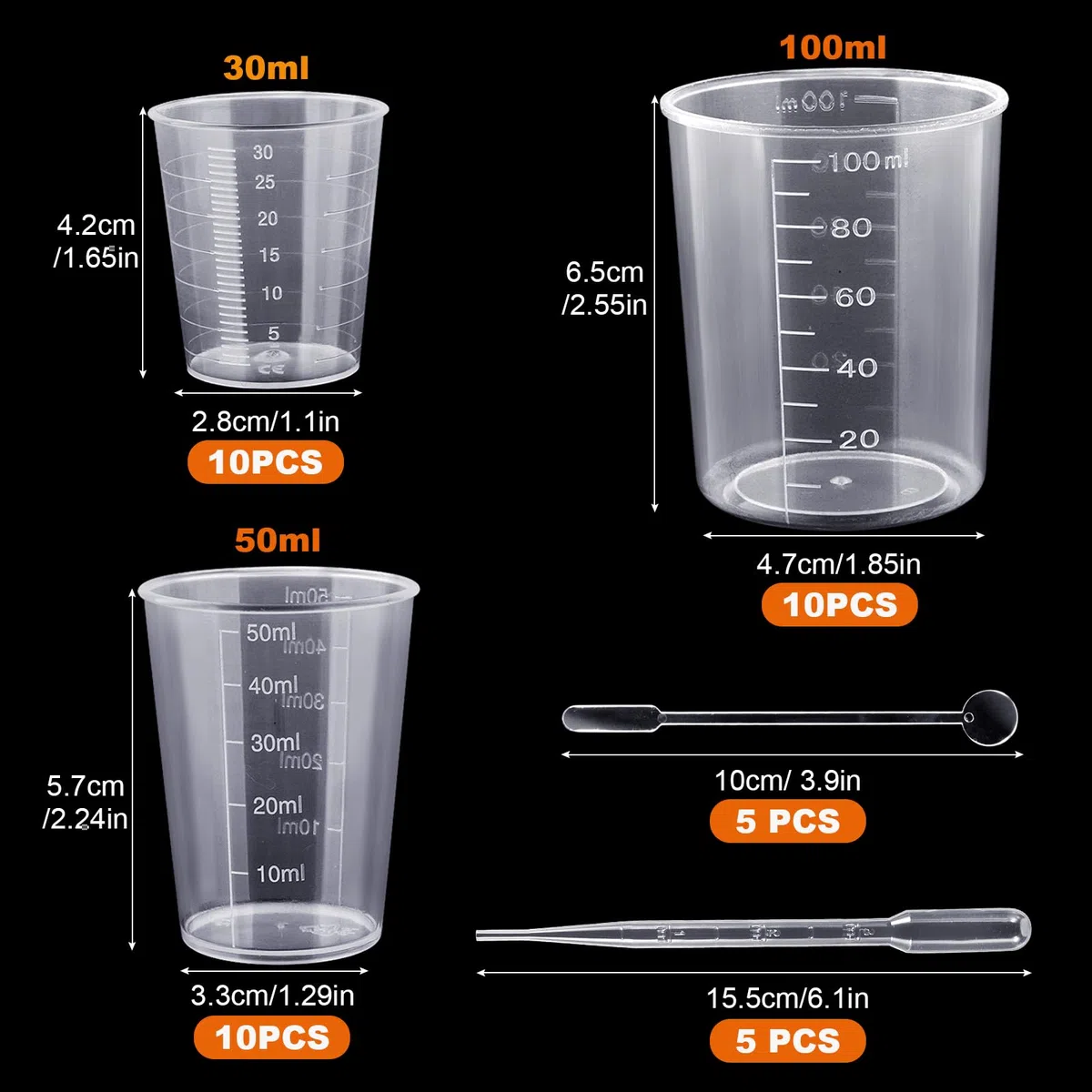 30 Piezas Vasos Medidores de Reutilizable Plástico, 30ml/50ml/100ml Tazas Medidoras de Líquido, Tazas Medidoras Transparentes, con Gotero y Cuchara de Mezcla para Hornear y Laboratorio