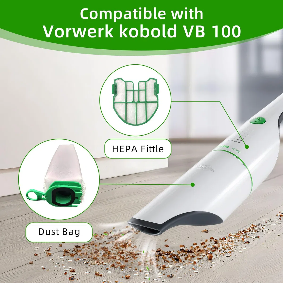 12 Bolsas de Aspiradora,Bolsas Aspirador para Vorwerk Kobold VB100,Con 4 Filtros de Motor, 2 Cepillos,Bolsas de Filtro Repuesto Para Vorwerk kobold FP100 FP 100 Aspiradora