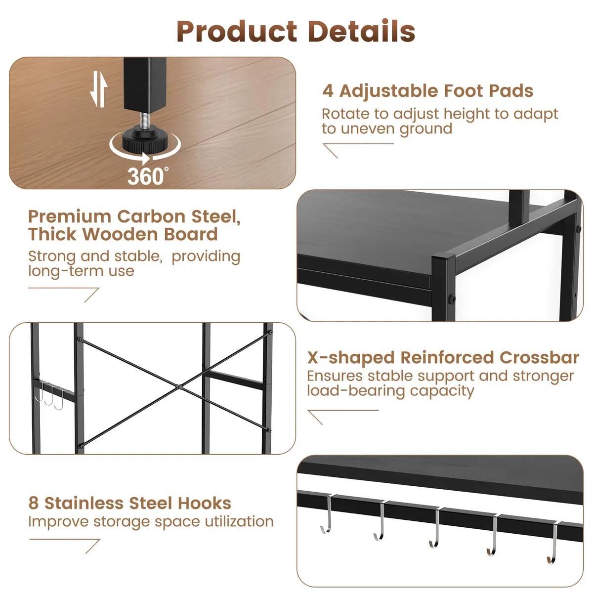 Housolution Soporte para Mini Nevera con Almacenamiento, Soporte para Microondas de Cocina de 2 Pisos Estante Mini Nevera Altura Ajustable Perchero con 8 Ganchos para Dormitorios, Salones, Negro