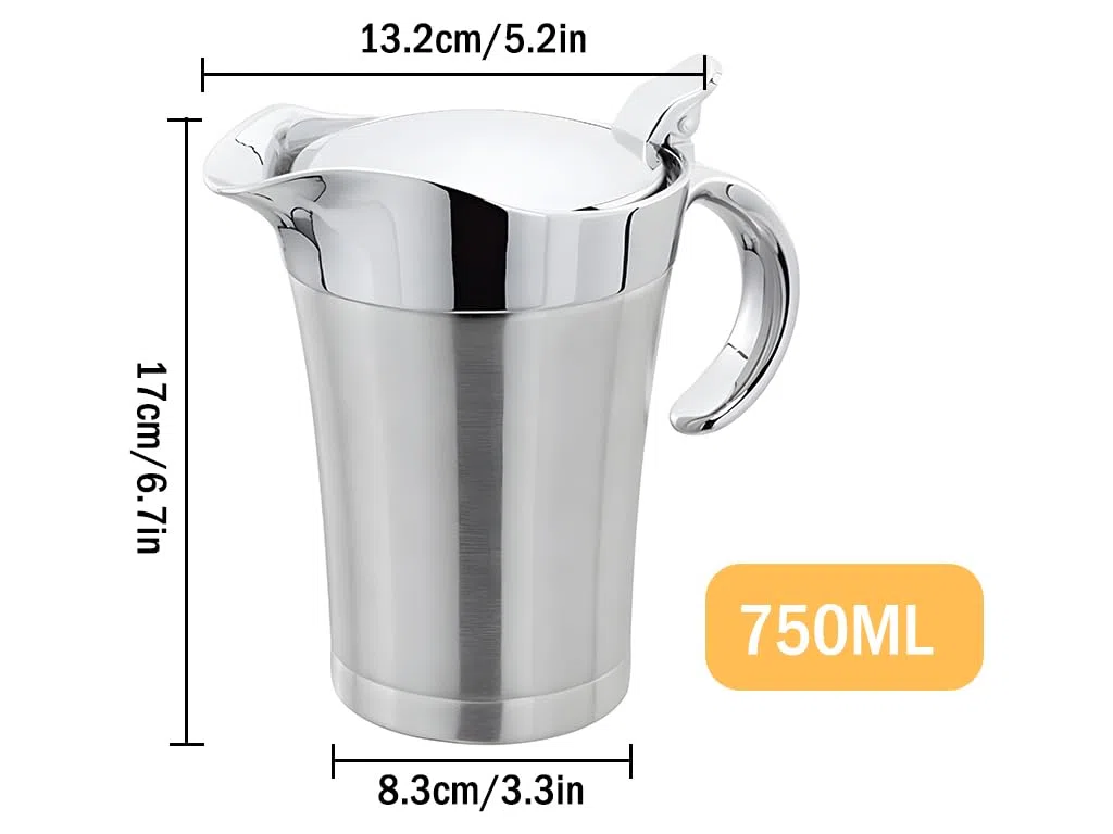 Salsera térmica de acero inoxidable, 750 ml, salsa térmica con tapa, jarra de salsa de doble pared de acero inoxidable, elegante jarra de salsa plateada para salsa, crema, mostaza, mayonesa