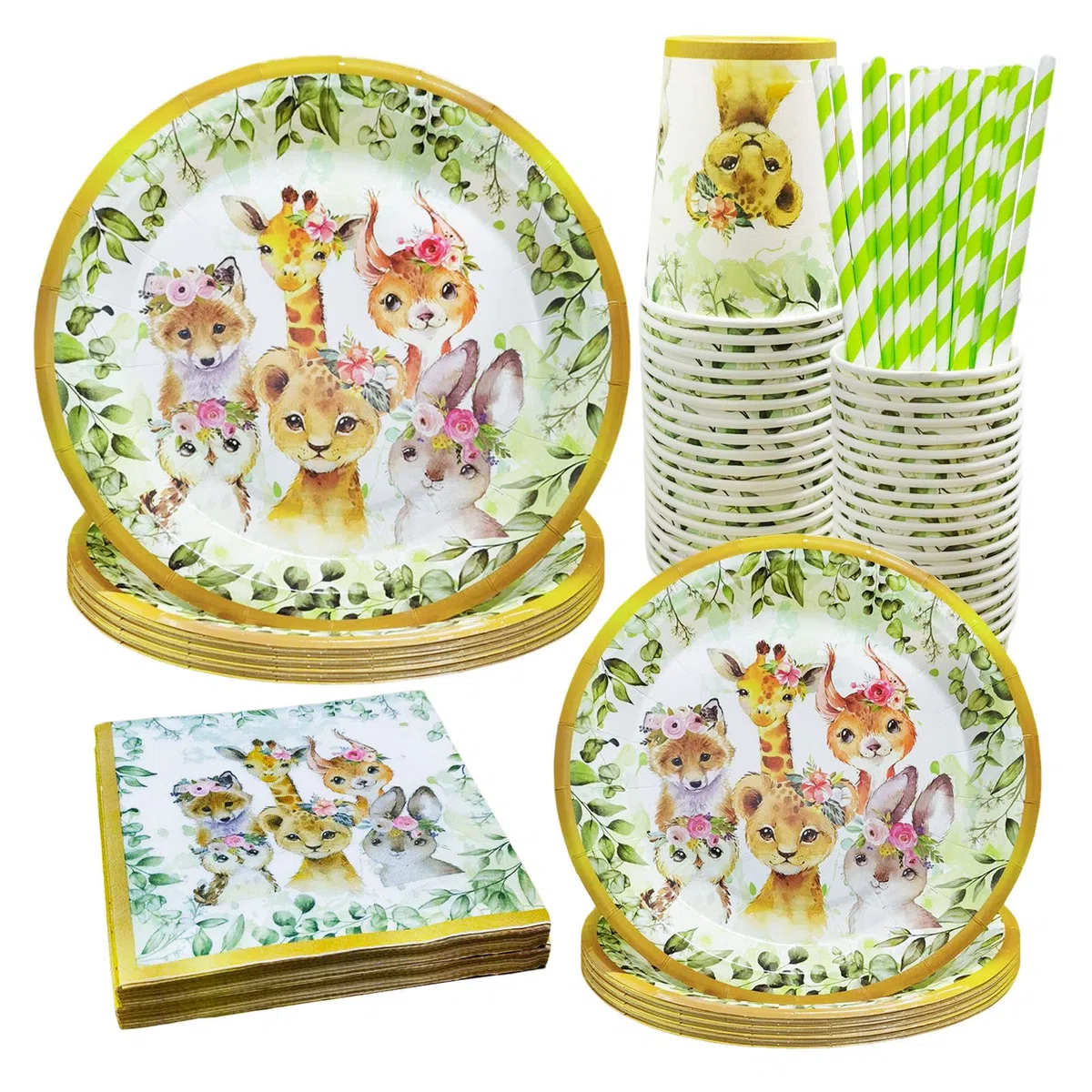 100 piezas Vajilla Wild One, para 20 Invitados, Suministros de Fiesta para Niños de Animales Salvajes, para Niños, Cumpleaños, Fiesta Temática, Decoración de Baby Shower