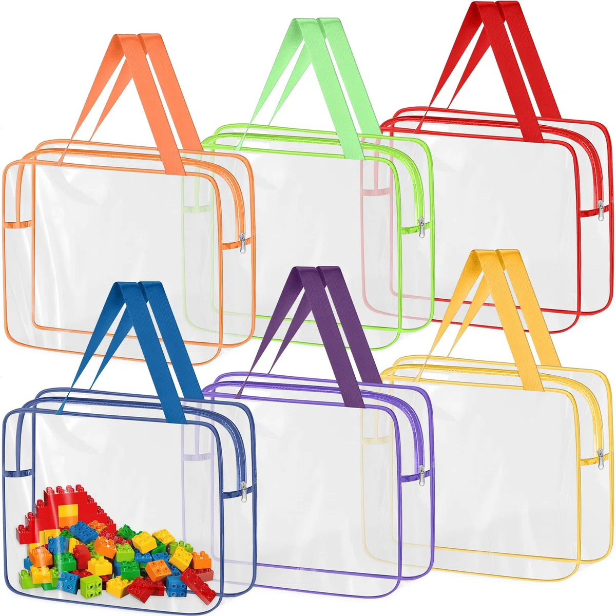 6 Colores Bolsas Almacenamiento Juguetes Transparentes PVC con Cremallera Asas, Cajas Organizadoras Impermeables Reutilizables, Bolsa Cosmético Portátil para Bloques Construcción Rompecabezas Libros