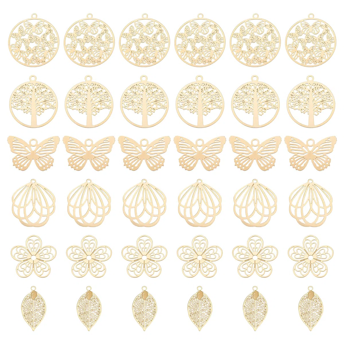 UNICRAFTALE 36 colgante de Filigrana de Acero Inoxidable con 6 estilos de Oro Y Diseño Botánico Adornos de Metal Grabado Flor Mariposa Hoja Plano Redondo Hueco para Hacer Joyas