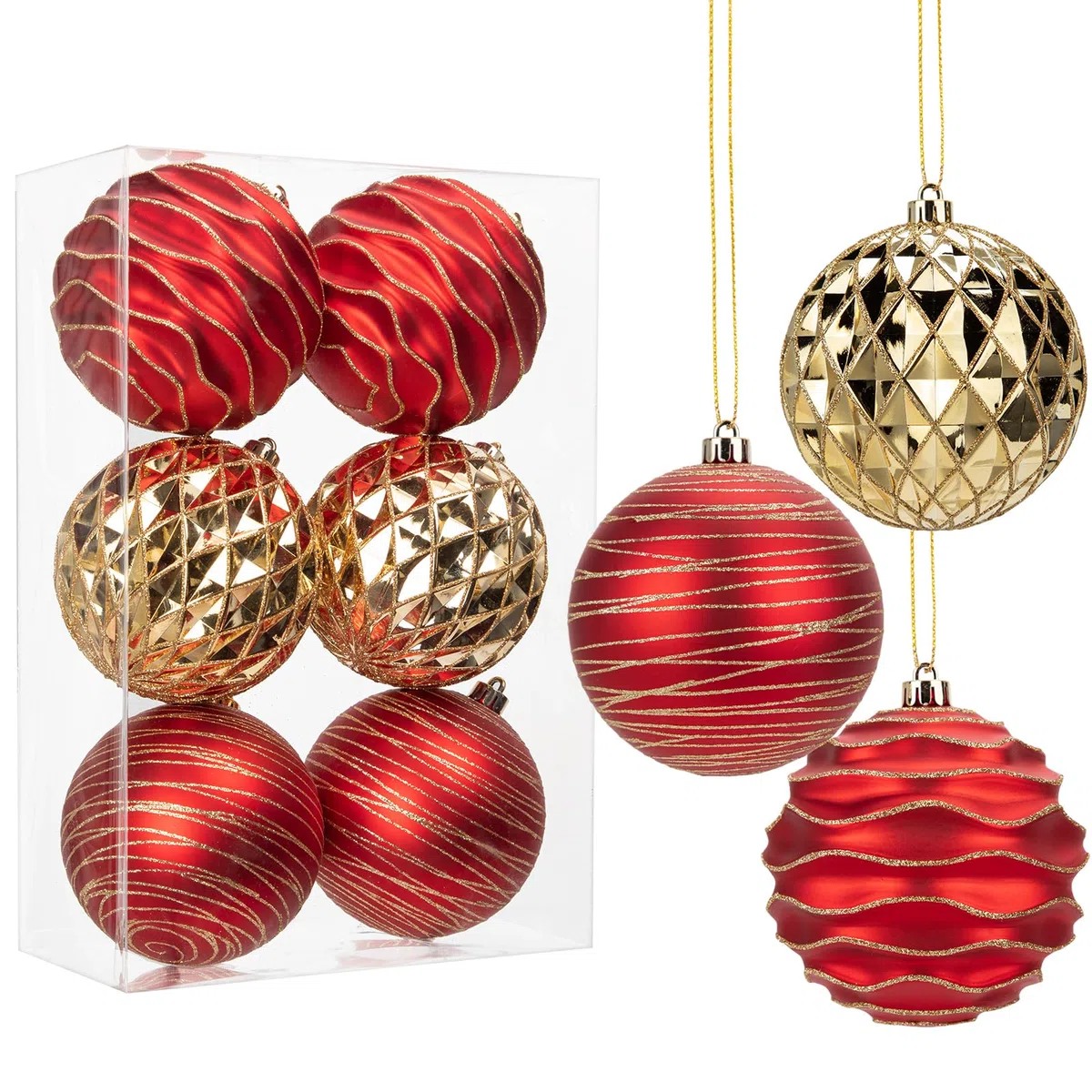Hollyone Bolas grandes de 10 cm, 6 decoraciones de árbol de Navidad rojas y doradas, adornos colgantes gigantes para decoración de árbol de fiesta de boda