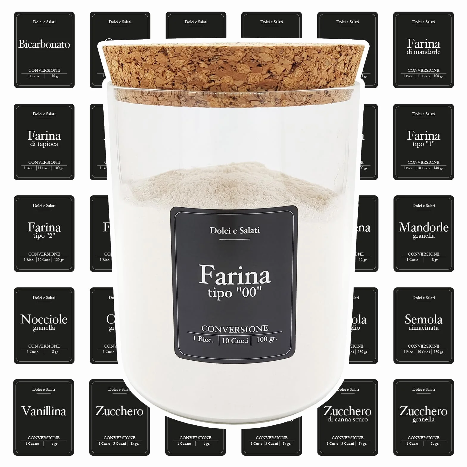 Etiquetas adhesivas impermeables lavables para tarros dulces salados negros italiano con tabla de conversión