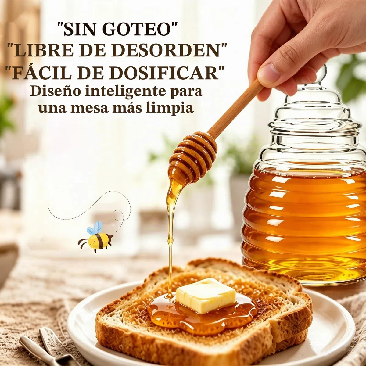 Tarro Dosificador para Miel 500ml - Dispensador Reutilizable para Sirope y Salsas, Incluye Cuchara Medidora y Tapa Vaso, Ideal para Almacenamiento de Almíbar (Diseño Antigoteo)