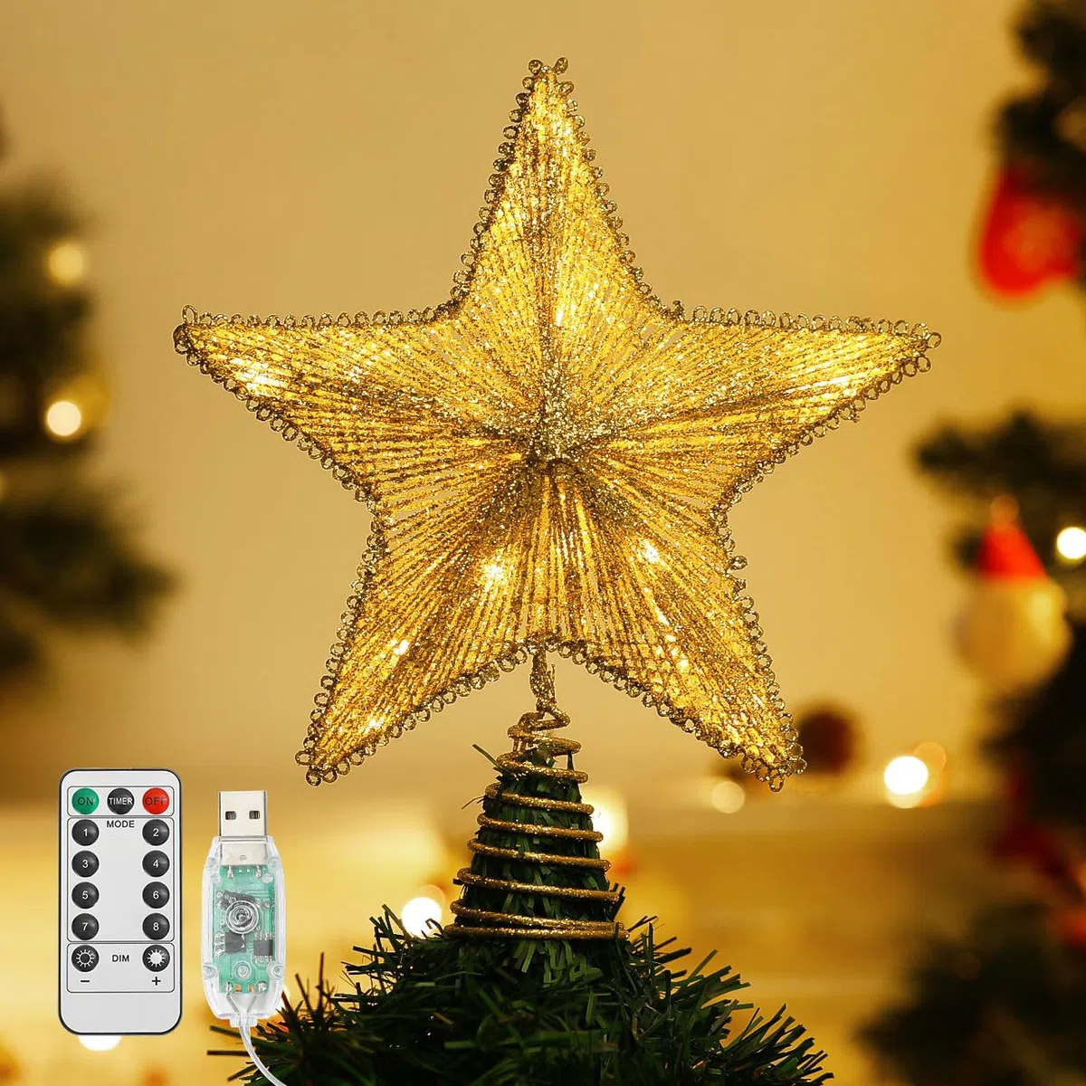 Estrella de Cinco Puntas para Árbol de Navidad, Adorno Brillante con Luces LED USB y Mando a Distancia, Oro