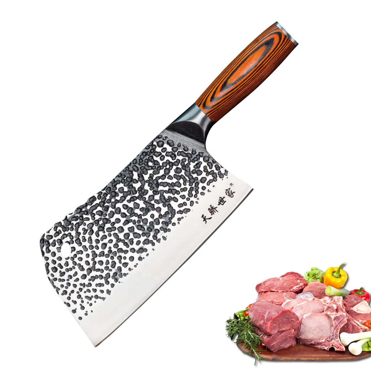 TJ POP Cuchillo de Chef Chino, Cuchillo de Carnicero Profesional 19.4cm Cuchillo de Cocina Afilado con Diseño de Colmillo Completo, Hoja de Acero 50CR15 Espesor 3.5mm,Serie TJ SEGA TC19071