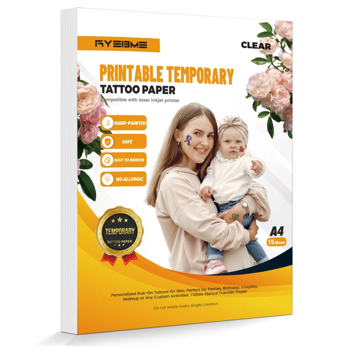 Papel imprimible para transferir tatuajes temporales para impresoras láser y de inyección de tinta,Tatuajes personalizados DIY Pegatinas Tamaño A4 1 pack: 15 papeles (Transparente)