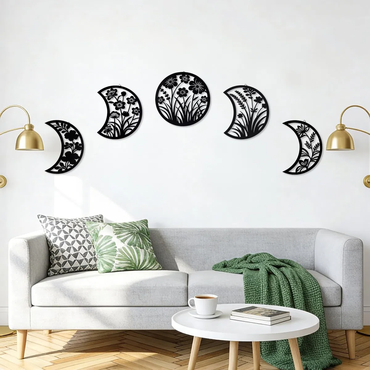 Larber 5PCS Metal Negro Fase de la Luna Muro Decoración 18-25CM Fase de la Luna con Siluetas Florales y de Hierbas Boho Arte Estético Lunar para Dormitorio Regalo Baño Restaurante Pared