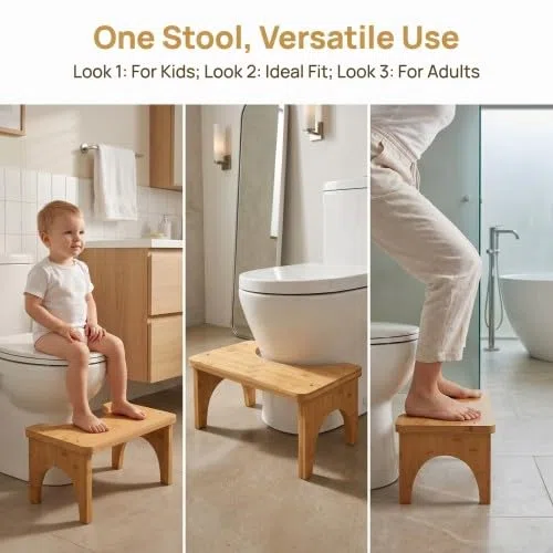 Taburete de Baño de Bambú con Patas Engrosadas, Taburete Fisiológico de Inodoro para Postura Natural, Banqueta WC Antideslizante y Estable, Kit de Montaje Incluido