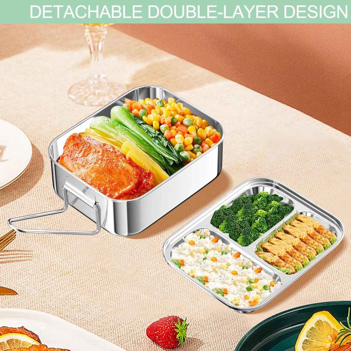 Fiambrera de Acero Inoxidable, Loncheras, Lonchera Lunch box, Contenedores Bento, Caja de Comida, Cajas Almacenamiento Contenedor de Aperitivos con Compartimentos para el Trabajo, Picnics