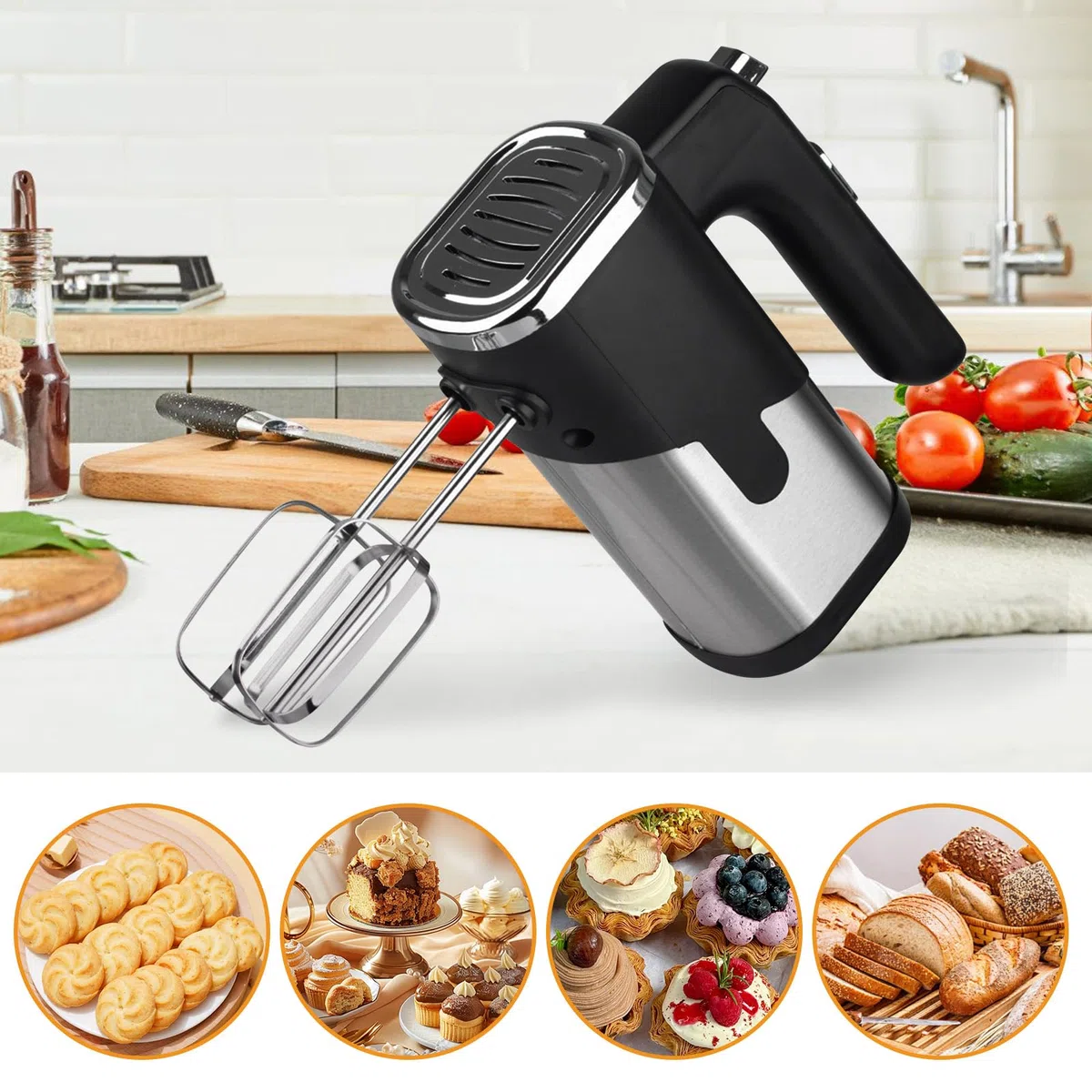 Batidora de mano eléctrica de 800 W, 5 velocidades, batidora de mano, batidora de mano, batidora de cocina, batidora de mano, 2 varillas y 2 ganchos para amasar, para pasteles y pan, para mezclar