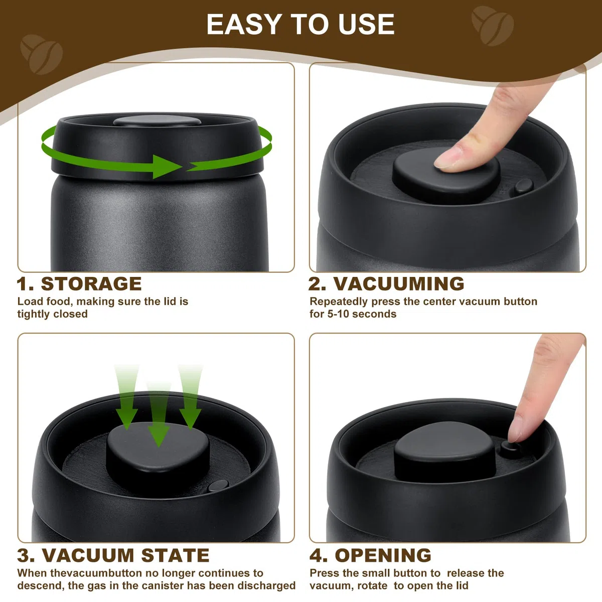 Cozary Bote para Café, Tarro de 1.2L Hermético de Acero Inoxidable con tapa de vacío, para almacenar granos de café, té, nueces, especias, cacao, etc (negro)