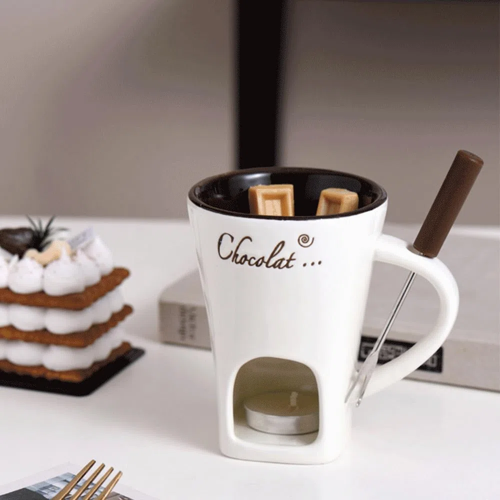 Genérico Fondue de Chocolate, 130ML Taza para Fondue, Taza para derretir Chocolate con Tenedor, Taza para Calentar Fondue para Fiestas de Dulces y bocadillos (Blanco)
