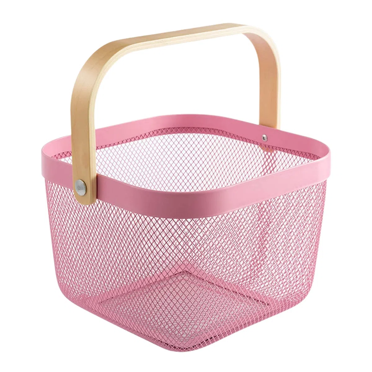 Cesta organizadora de almacenamiento de metal, cesta multifuncional con mango de bambú para decoración del hogar, cocina, picnic, compras (rosa)