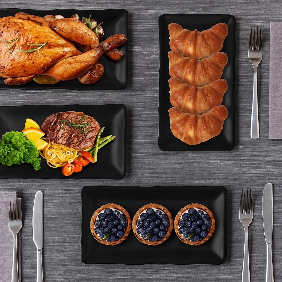 4 platos rectangulares de color negro, platos de melamina, platos para entrantes, platos de postre, platos de aperitivos para sushi, pasteles, ensaladas, frutas, antipasti y guarniciones