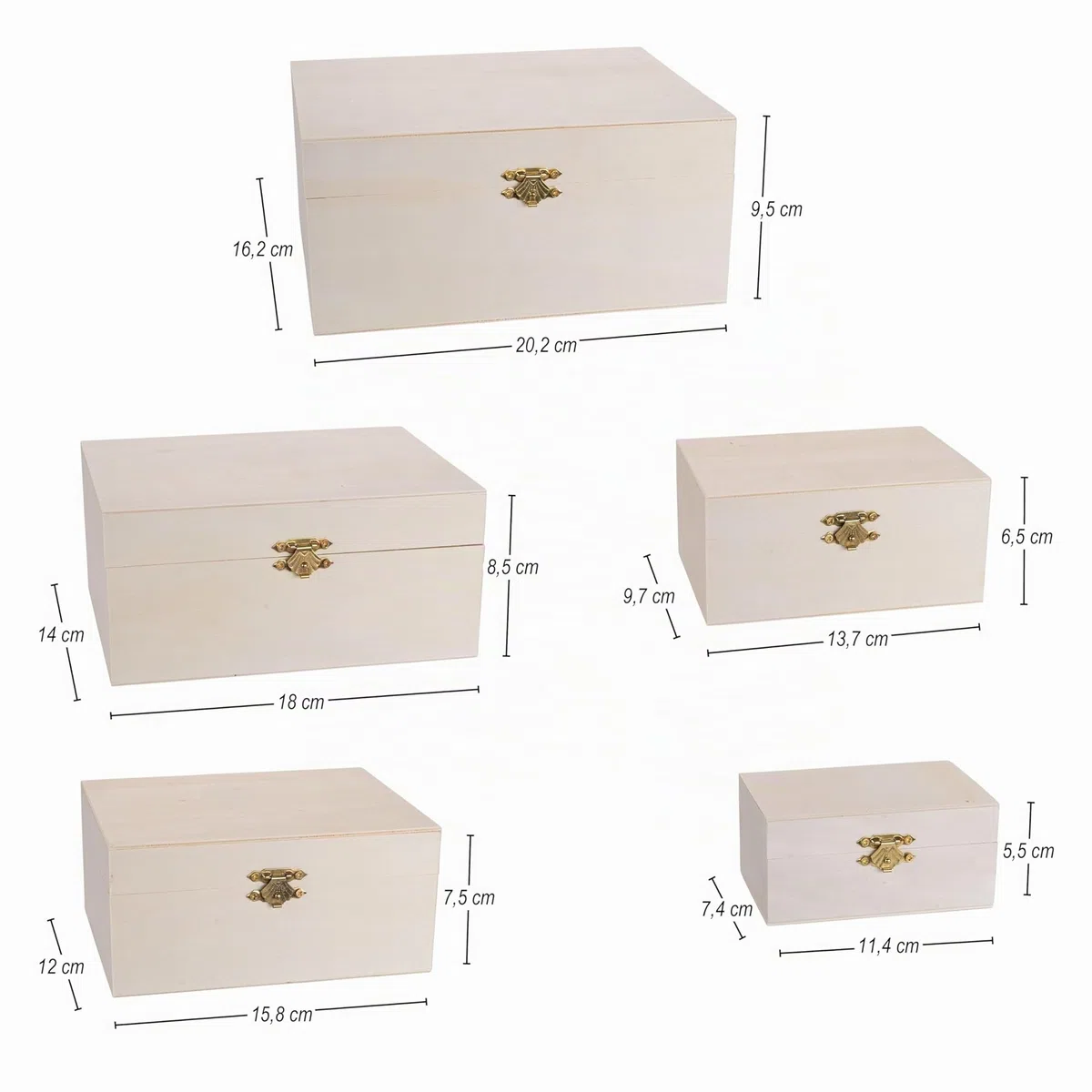 Ideen mit Herz Juego de cajas de madera rectangulares con tapa y cierre de metal, 5 unidades, varios tamaños
