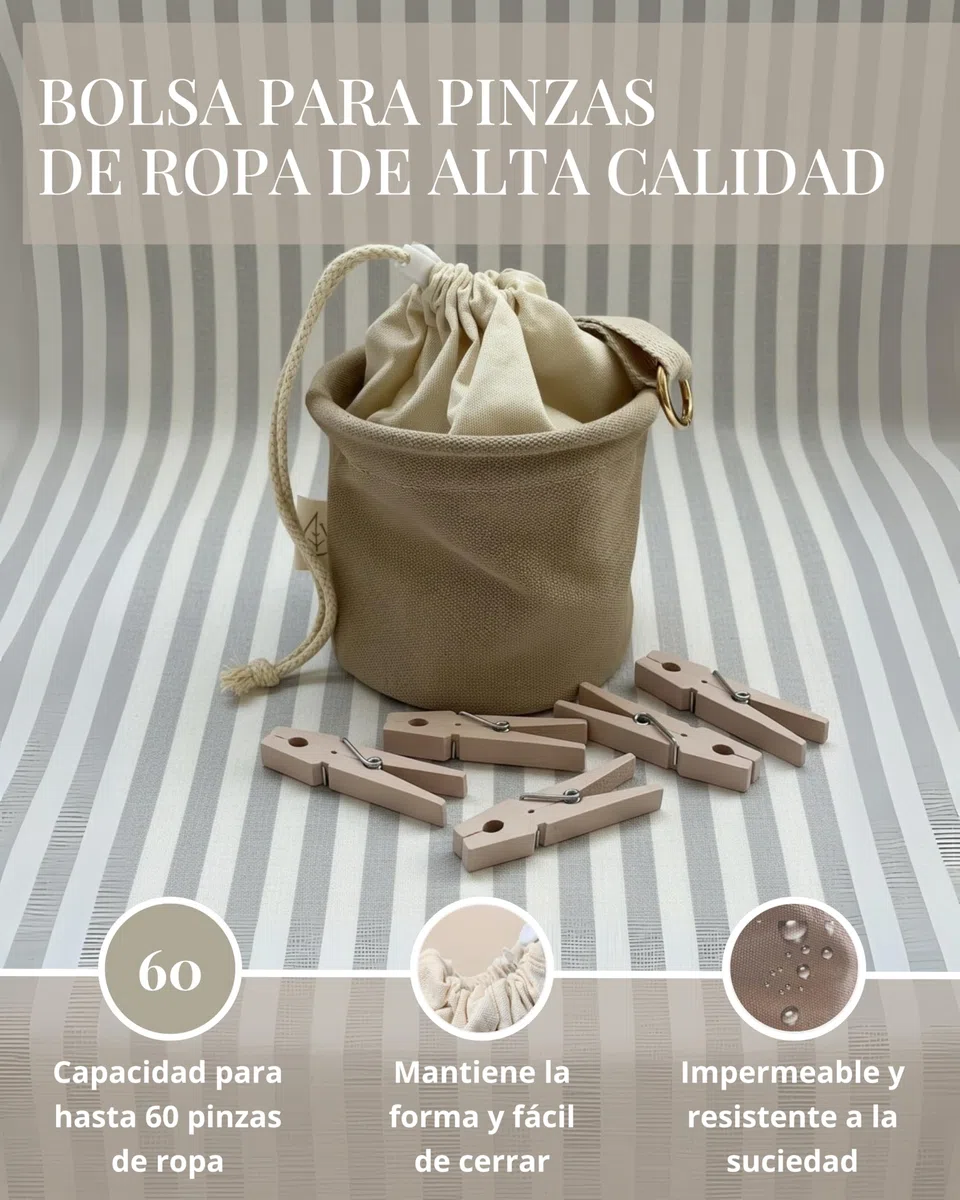 LIVLIG Bolsa para pinzas de la ropa de tela de lona de, con cordón y mosquetón, suficiente espacio para hasta 60 pinzas, bolsa duradera para pinzas de la ropa, beige