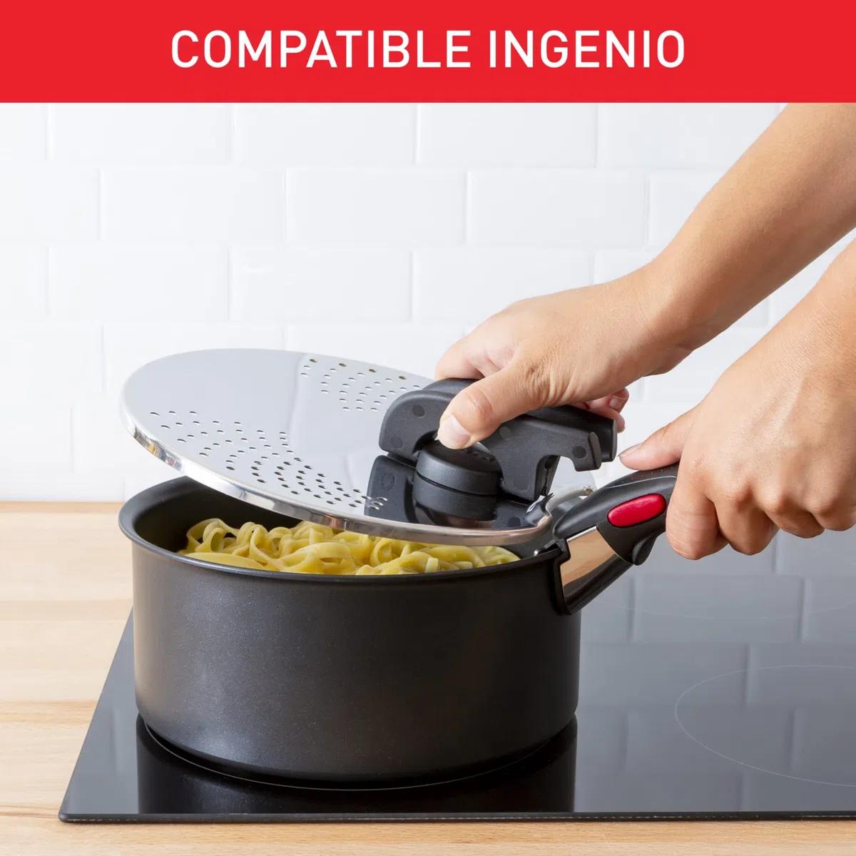 Tefal Ingenio - Tapa escurridor, acero inoxidable, fácil almacenamiento, multidiámetro, compatible con Ingenio, apto para lavavajillas L9829402, acero inoxidable y negro, tapa escurridor, 14-20 cm