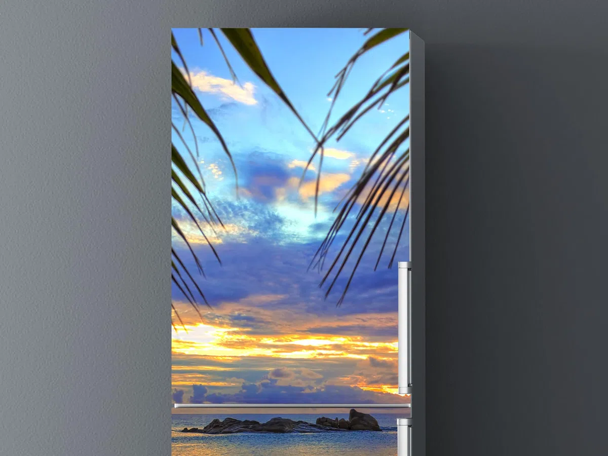 Oedim Vinilo Frigorífico Anochecer en Playa Tropical 185x60cm | Adhesivo Resistente | Pegatinas de Nevera Económicas y Elegantes | Vinilo Nevera