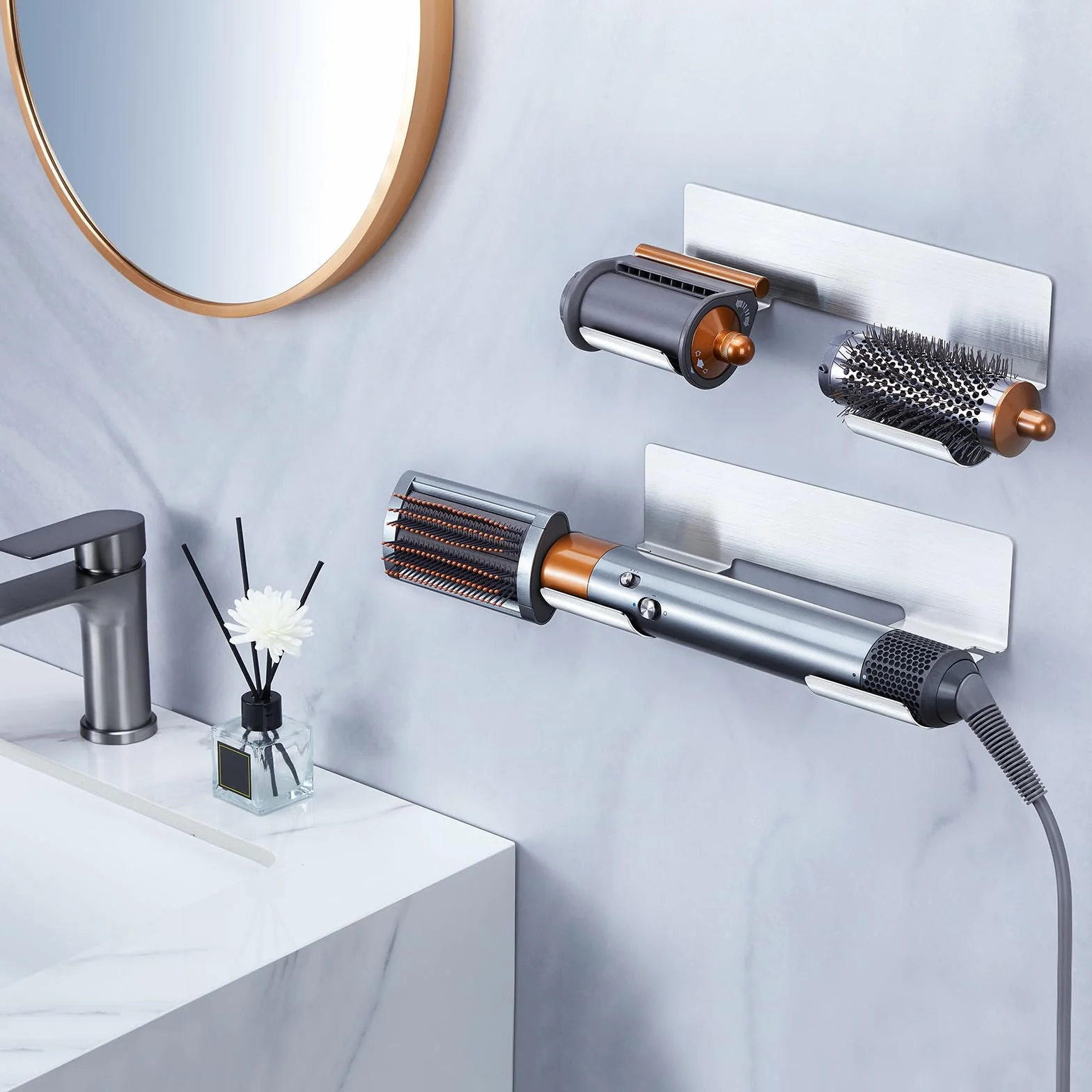 Soporte para Secador y Plancha de Pelo de Pared, Sin Taladrar, para Rizadores y Alisadores, Plata