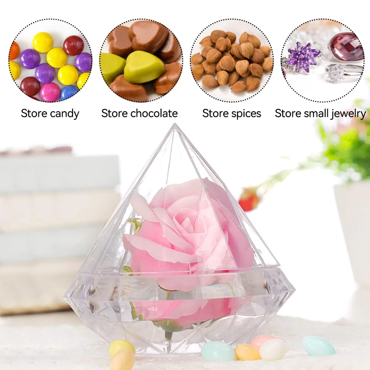 Tarro de caramelo en forma de diamante, Caja de plástico transparente para caramelos Mini Dispensador de caramelos Reutilizable Cajas de regalo transparente para el hogar Fiesta de boda