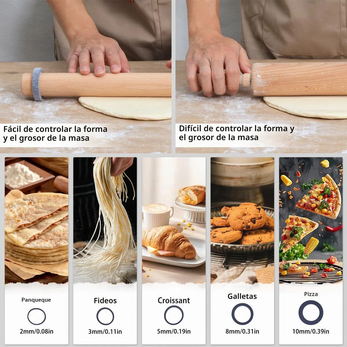 SUPER KITCHEN Rodillos de Amasar en Madera de Haya con 5 Discos Ajustables Anillo, Rodillo de Cocina, Accesorio para Hornear Pizza, Pasta, Galletas, Pastelería, Fondant (45cm)