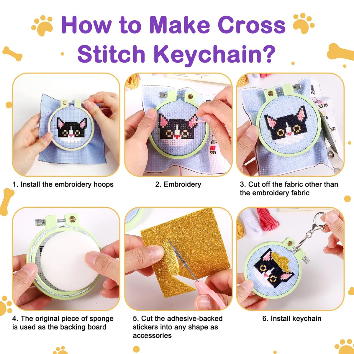 Caydo Juego de 5 kits de punto de cruz para niños con estampado de gatos y perros, para principiantes, llaveros para mochila, adornos para manualidades