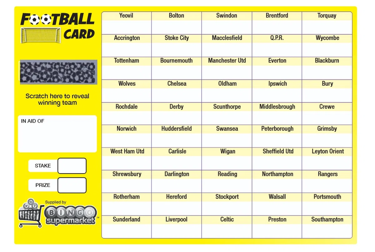 Bingosupermarket Tarjetas de rascar para recaudar fondos de fútbol (50 equipos), tamaño A5, 250 g/m², tarjeta de seda, paquete de 10