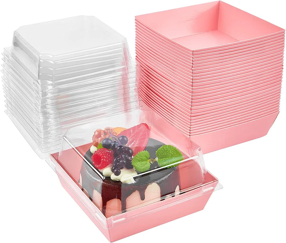 LATERN 50 Piezas Cajas para Rebanadas de Pastel con Tapas Transparentes, 12CM Papel a Prueba de Aceite Cajas de Postres Cupcakes Cajas para Llevar para Galletas Sándwich Macarrón Panadería (Rosa)