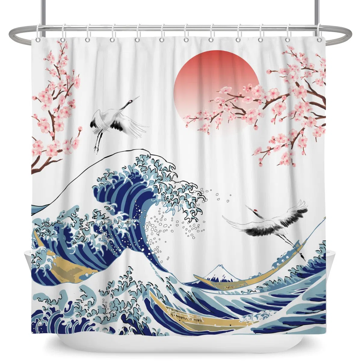 Cortina de Baño 180x180cm de Olas Gigantes y Tinta de Cerezo Asiático - Paisaje con Ganso Volador - Tela Decorativa Impermeable con Ganchos