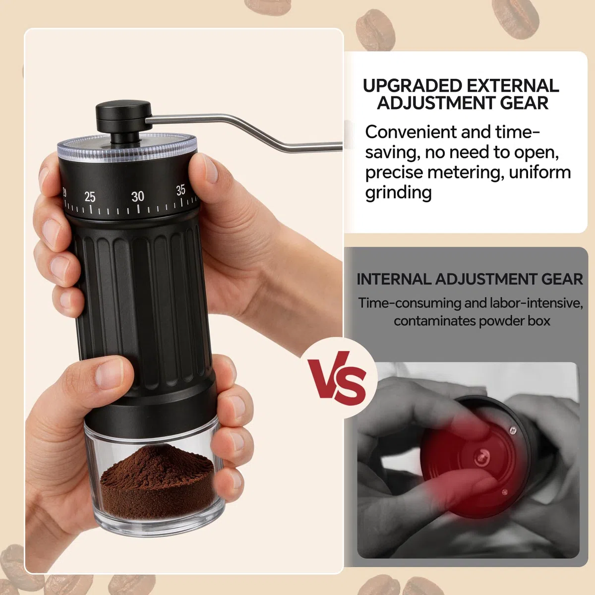 Molinillo de café manual, Molinillo portátil de mano con cuchara, cepillo y bolsa de transporte, cuenta con 40 ajustes externos de molienda, Ideal para preparar espresso y café de vertido