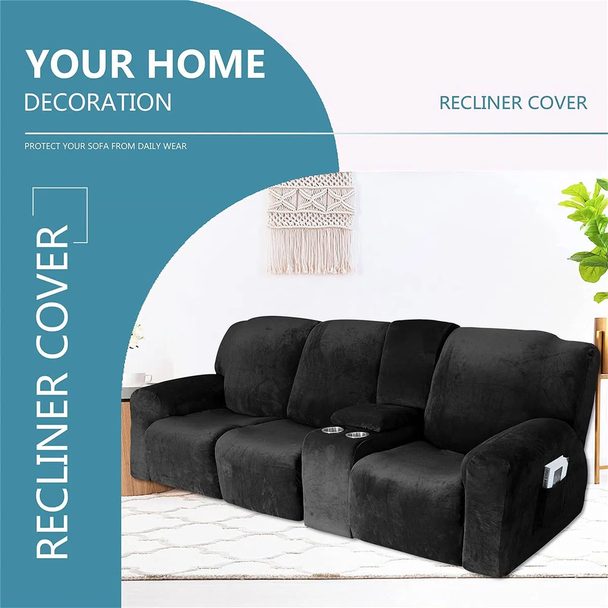 Funda reclinable elástica de Terciopelo con Consola - Tela Lavable Suave y Gruesa - Color Arena de 2 a 3 plazas - ¡Proteja su sofá reclinable con Esta Funda reclinable Premium contra el Desgaste Dia