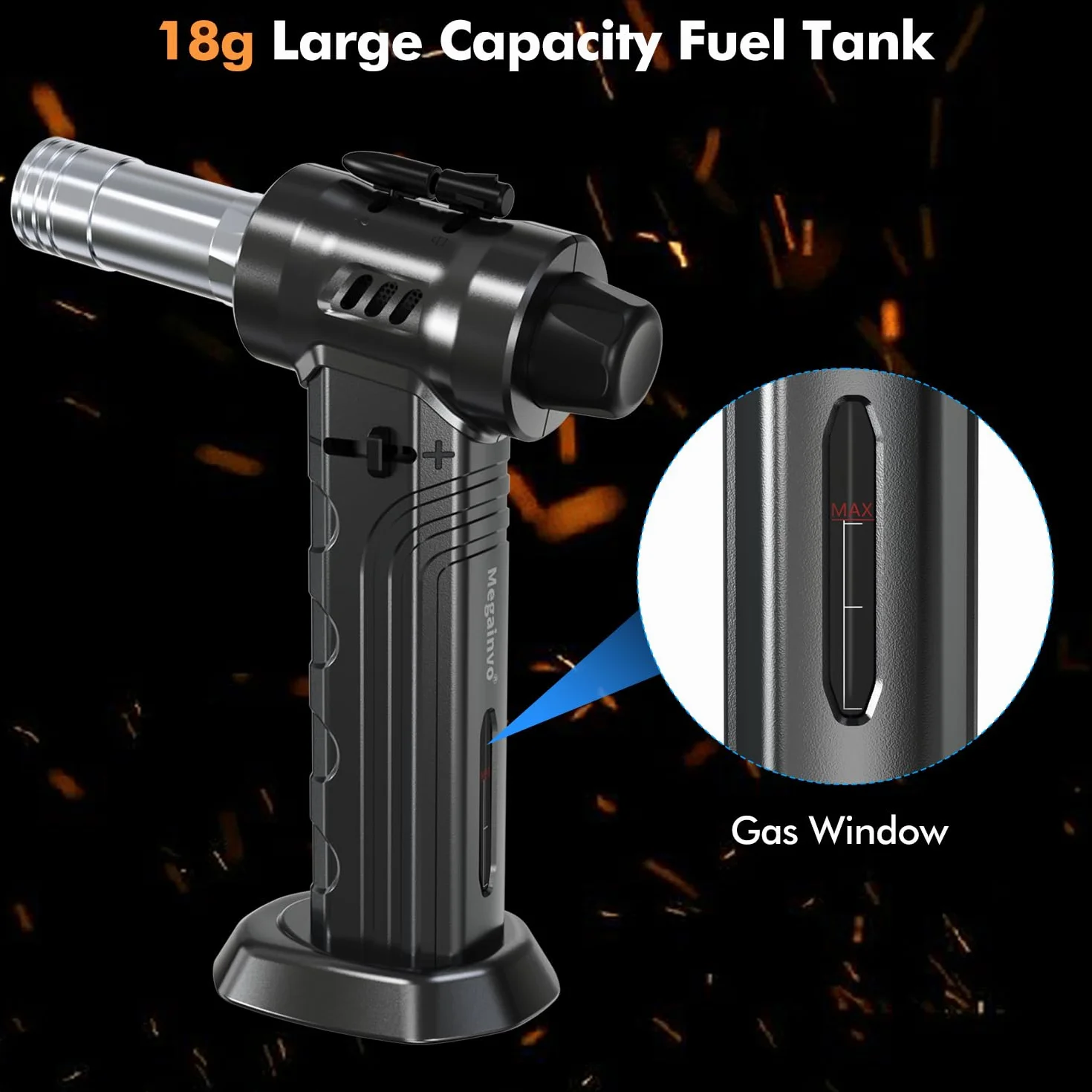 Megainvo Soplete de Cocina,Dual Llama Ajustable,Soplete Gas Butano de 18g Max Butano Recargable,Bloqueo de Seguridad,Soplete Antorcha con Indicador de Gas para Postres,BBQ y Crème Brûlée(Sin Gas)