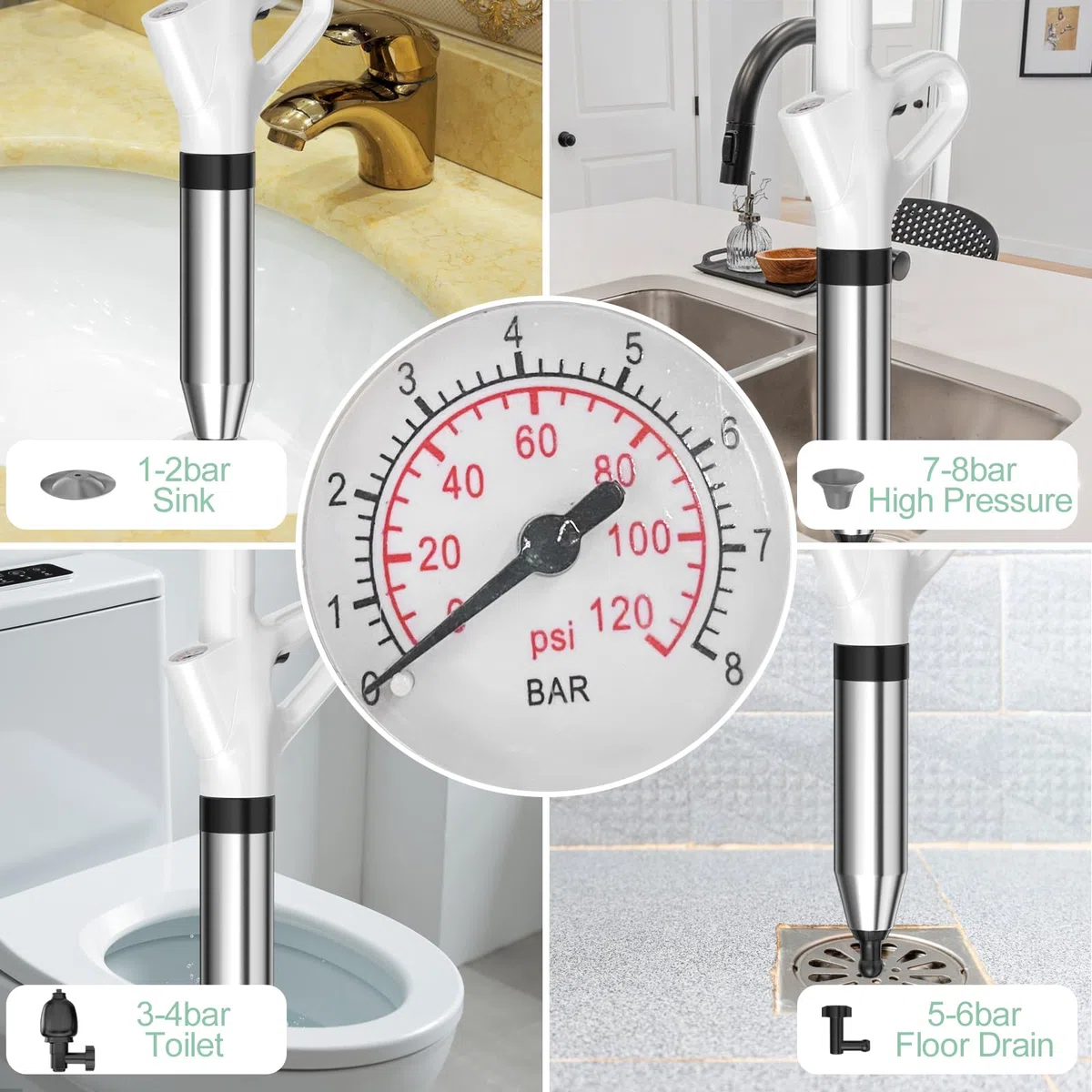 7 PCS Desatascador Tuberias Fregadero Profesional, Pistola Toilet Plunger, Bomba Desatascador Tuberias Succión Fregadero, para Desatascar el Desagüe del Inodoro, Lavabo