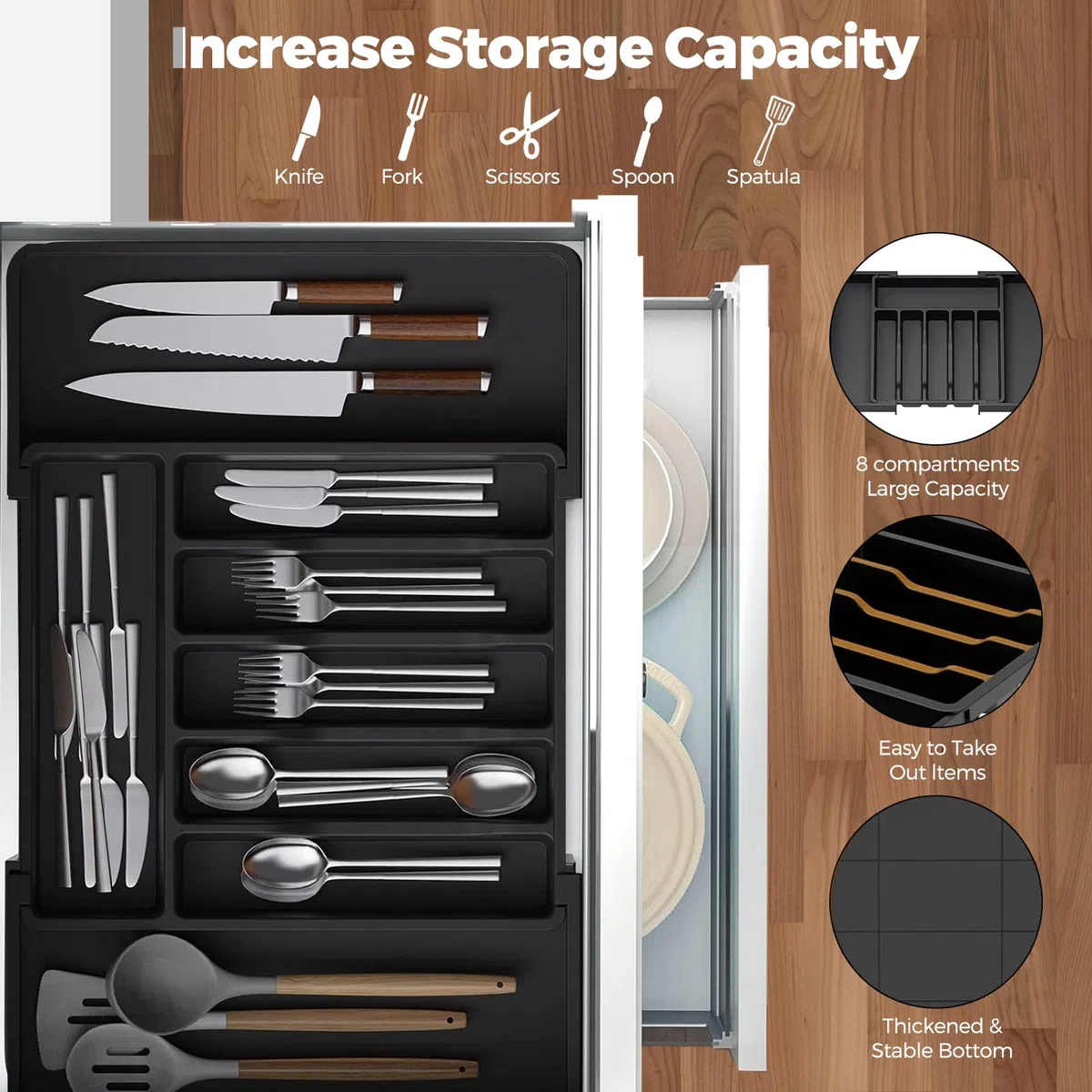 HIYAA Bandeja de utensilios extensible para cajón, organizador de cajones para cocina, soporte de almacenamiento de plástico para cubiertos, cucharas, tenedores, etc,negro
