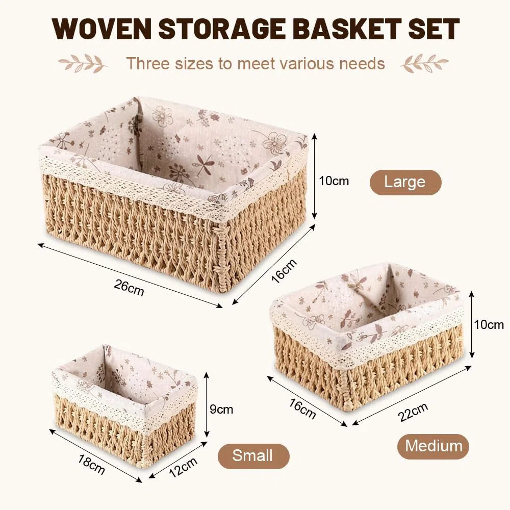 3 Cestas Almacenaje Mimbre con Forro,Cesta Organizadora Baño,SZMK Cesta Decorativa Pequeña,Cestas Tejidas Rectangulares,Storage Basket Small,Scesta de Almacenamiento Cocina para Salones, Armarios