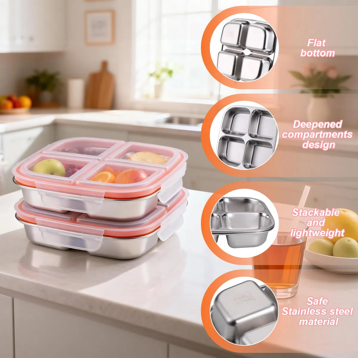 2uds Snack Box Con 4 Compartimentos, Fiambrera Acero Inoxidable Para Adultos, Recipientes Herméticos Para Alimentos, Tapers Para Comida Hermetico Con Tapa (600ML)