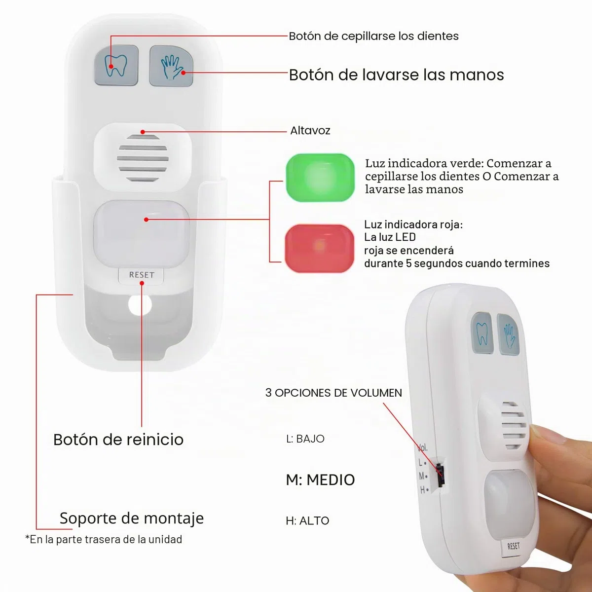 BIGLIGHT Temporizador LED para niños: 2 minutos por cepillo de dientes, 20 segundos para lavarse las manos, 12 canciones
